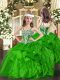 Custom Designed Green Ball Gowns Straps Sleeveless Organza Floor Length Lace Up Appliques and Ruffles High School Pageant Dress