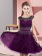 Fashionable Sleeveless Knee Length Beading Backless Prom Party Dress with Dark Purple