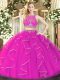 On Sale Sleeveless Floor Length Ruffles Zipper Sweet 16 Dresses with Fuchsia