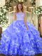 Blue 15th Birthday Dress Military Ball and Sweet 16 and Quinceanera with Lace and Ruffled Layers Scoop Sleeveless Clasp Handle
