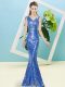 Sleeveless Sequined Floor Length Zipper Homecoming Dress in Blue with Sequins