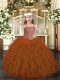 Low Price Rust Red Ball Gowns Beading and Ruffles Pageant Gowns For Girls Lace Up Tulle Sleeveless Floor Length