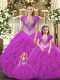 High Class Sleeveless Floor Length Beading and Ruffles Lace Up Sweet 16 Quinceanera Dress with Fuchsia