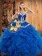 Sumptuous Blue Sleeveless Satin and Organza Lace Up Quinceanera Dress for Military Ball and Sweet 16 and Quinceanera
