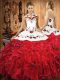 Sleeveless Floor Length Embroidery and Ruffles Lace Up Quinceanera Gown with Wine Red
