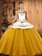 Unique Halter Top Sleeveless Lace Up Vestidos de Quinceanera Gold Satin and Tulle