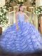 Blue Lace Up Sweetheart Beading and Ruffled Layers Quinceanera Gown Organza Sleeveless Brush Train
