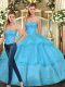 Fine Floor Length Lace Up Quinceanera Dresses Aqua Blue for Military Ball and Sweet 16 and Quinceanera with Ruffled Layers