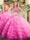 Fantastic Floor Length Backless Ball Gown Prom Dress Rose Pink for Military Ball and Sweet 16 and Quinceanera with Beading and Ruffled Layers