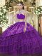 Fantastic High-neck Sleeveless Sweet 16 Dresses Floor Length Beading and Embroidery and Ruffled Layers Purple Tulle