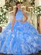 Sleeveless Organza Floor Length Backless 15th Birthday Dress in Baby Blue with Beading and Ruffles