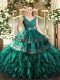 Sexy Turquoise Ball Gowns Beading and Ruffles Vestidos de Quinceanera Backless Organza Sleeveless Floor Length