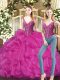Popular Sleeveless Floor Length Ruffles Lace Up 15 Quinceanera Dress with Fuchsia