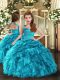 Modern Sleeveless Organza Floor Length Lace Up Kids Formal Wear in Baby Blue with Ruffles and Ruching