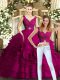 Custom Design V-neck Sleeveless Backless Quinceanera Dresses Fuchsia Organza