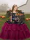 Eye-catching Fuchsia Ball Gowns Tulle Straps Sleeveless Embroidery and Ruffled Layers Floor Length Lace Up Girls Pageant Dresses