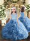 Beauteous Floor Length Zipper Little Girl Pageant Gowns Blue for Party and Military Ball and Wedding Party with Beading