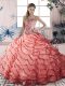 Sleeveless Organza Brush Train Lace Up 15th Birthday Dress in Watermelon Red with Beading and Ruffled Layers