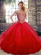 Off The Shoulder Sleeveless Lace Up 15th Birthday Dress Red Tulle