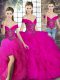Artistic Off The Shoulder Sleeveless Lace Up 15th Birthday Dress Fuchsia Tulle