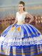 Fantastic Sleeveless Asymmetrical Embroidery and Ruffled Layers Lace Up Quinceanera Dress with Blue And White