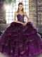 Hot Sale Tulle Sweetheart Sleeveless Lace Up Beading and Ruffles 15th Birthday Dress in Dark Purple