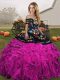 New Style Fuchsia Off The Shoulder Lace Up Embroidery and Ruffles Sweet 16 Dress Sleeveless
