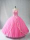Rose Pink Lace Up Scoop Beading and Appliques 15th Birthday Dress Tulle Sleeveless