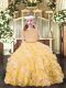 Floor Length Gold Little Girl Pageant Gowns Organza Sleeveless Beading and Ruffled Layers