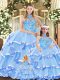Flare Blue Ball Gowns Organza Halter Top Sleeveless Embroidery and Ruffled Layers Lace Up 15 Quinceanera Dress