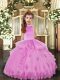 Perfect Lilac Ball Gowns High-neck Sleeveless Tulle Floor Length Backless Beading and Appliques Kids Formal Wear