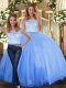 Customized Blue Tulle Clasp Handle Quinceanera Gown Sleeveless Floor Length Lace