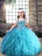 Aqua Blue Sleeveless Tulle Lace Up Little Girls Pageant Gowns for Party and Wedding Party