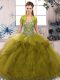 Super Beading and Ruffles Ball Gown Prom Dress Olive Green Lace Up Sleeveless Floor Length