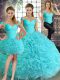 Floor Length Aqua Blue Quinceanera Gown Off The Shoulder Sleeveless Lace Up