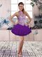 Mini Length Purple Homecoming Dresses Halter Top Sleeveless Lace Up