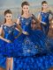 Fashionable Royal Blue Lace Up Off The Shoulder Embroidery and Ruffled Layers Quinceanera Gown Satin and Organza Sleeveless
