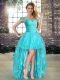 Perfect High Low A-line Sleeveless Aqua Blue Womens Party Dresses Lace Up
