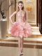 Sweet Pink Ball Gowns Organza Scoop Sleeveless Beading and Ruffles Mini Length Lace Up Junior Homecoming Dress