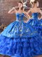 Blue Satin and Organza Quinceanera Dresses Sleeveless Floor Length Embroidery