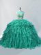 Scoop Sleeveless Brush Train Zipper Ball Gown Prom Dress Turquoise Organza