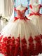Free and Easy White And Red Tulle Zipper Scoop Sleeveless Quinceanera Gowns Brush Train Hand Made Flower