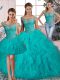 Most Popular Aqua Blue Quinceanera Gowns Sweet 16 and Quinceanera with Beading and Ruffles Off The Shoulder Sleeveless Brush Train Lace Up