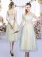 Glamorous Champagne Tulle Lace Up Bridesmaid Gown Half Sleeves Tea Length Lace and Bowknot