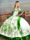 Hot Sale Green Ball Gowns Satin Off The Shoulder Sleeveless Embroidery Floor Length Lace Up Quinceanera Dress