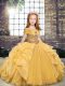 Off The Shoulder Sleeveless Little Girls Pageant Dress Wholesale Floor Length Beading and Ruffles Gold Organza