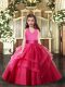 Floor Length Lace Up Little Girl Pageant Dress Hot Pink for Party and Sweet 16 and Wedding Party with Ruffled Layers