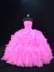 Customized Pink and Rose Pink Strapless Lace Up Beading and Ruffles Quince Ball Gowns Sleeveless