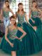Chic Peacock Green Ball Gowns Beading and Appliques Quinceanera Gown Lace Up Tulle Sleeveless Floor Length
