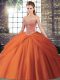Custom Made Orange Red Tulle Lace Up Ball Gown Prom Dress Sleeveless Brush Train Beading and Pick Ups